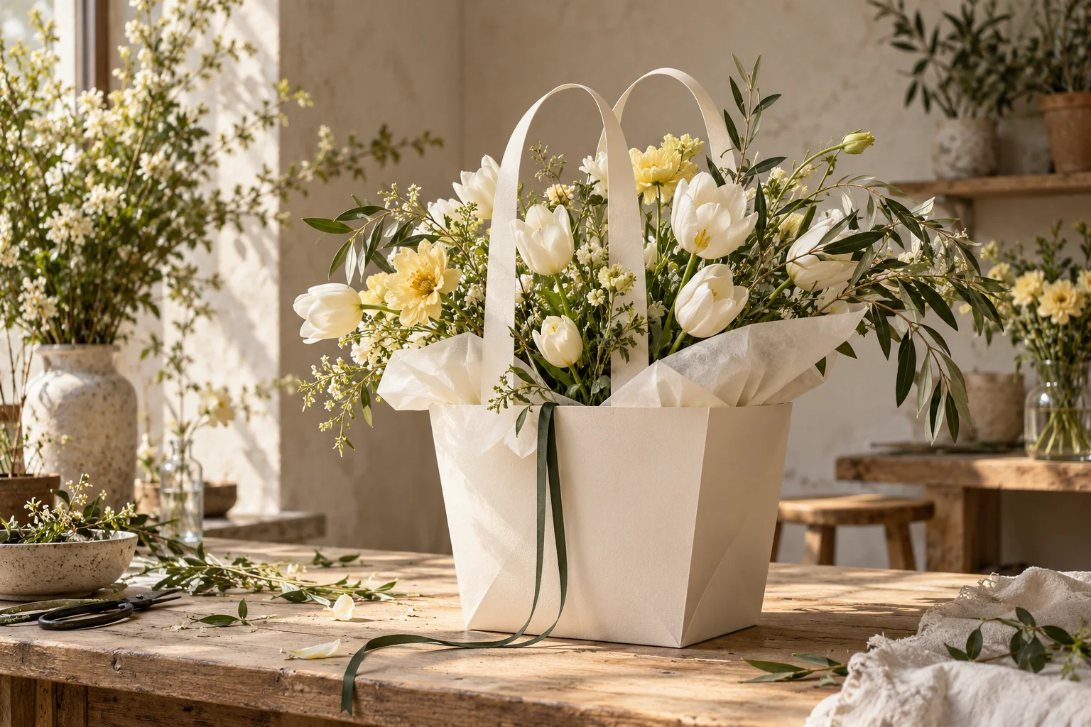 Concept: a florist worktable with a bouquet carrier, paper and ribbon in natural light