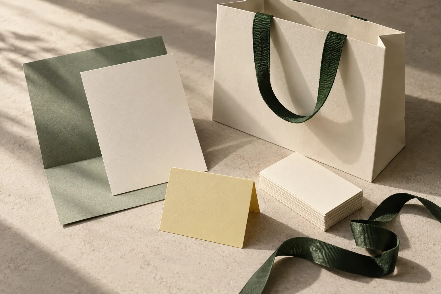 Concept of coordinated shopping bags, cards and brand stationery